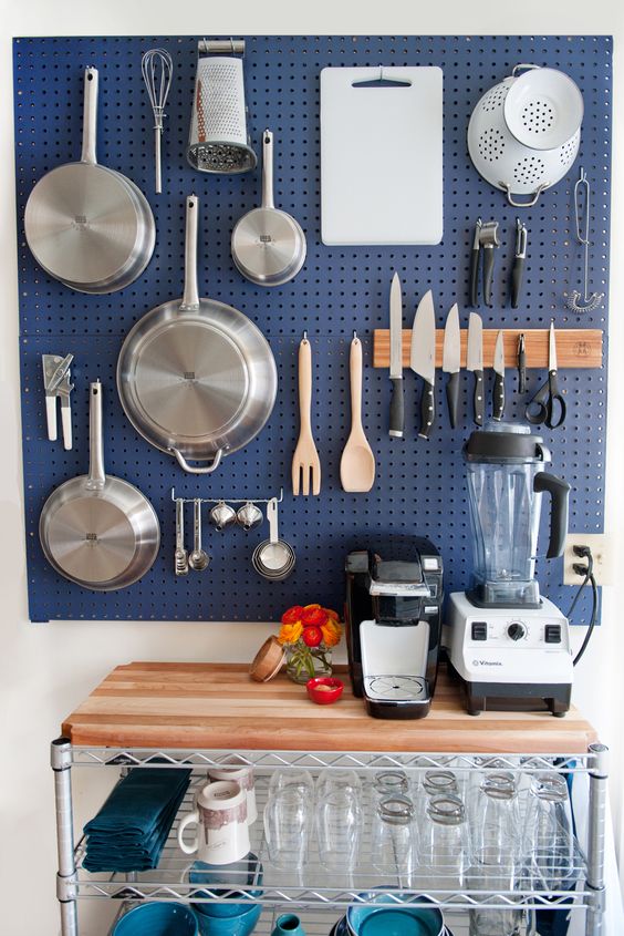 navy pegboard for the cooking station