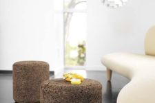 16 dark cork stools or ottomans with simple design