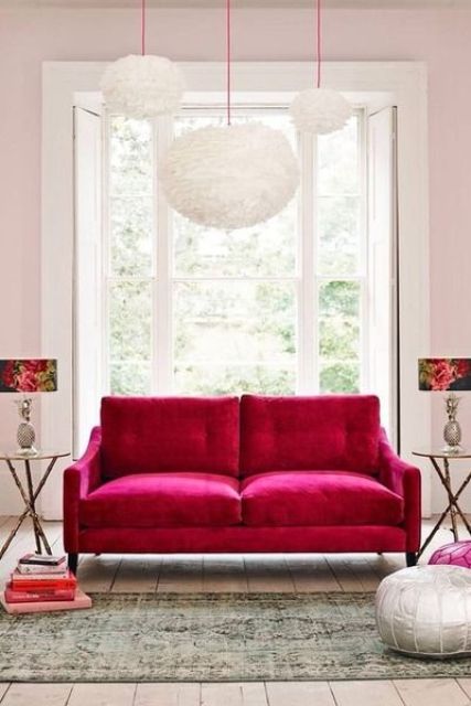 chic soft hot pink sofa will make a statement in a white or just neutral room