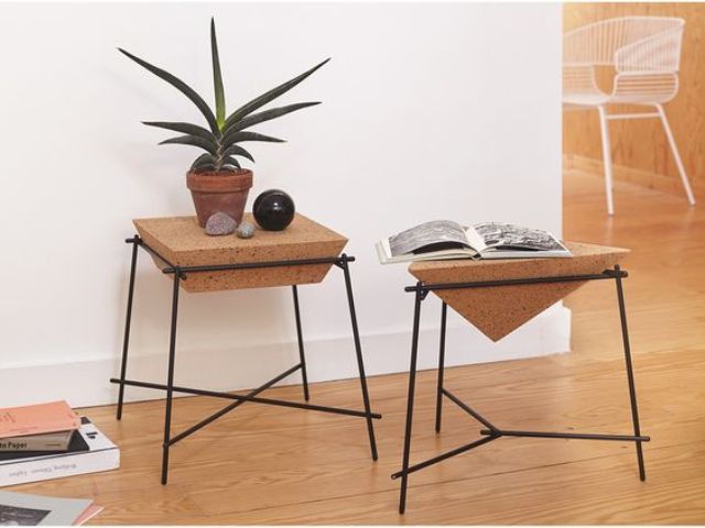 geometric side tables with cork and black framing