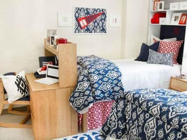 chic and simple dorm room decor in navy, red and white
