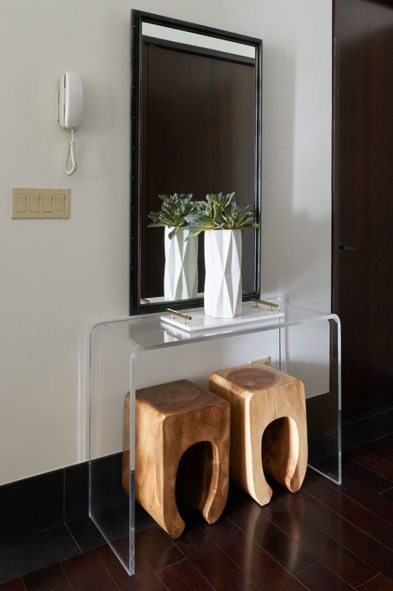 acrylic console table and whimsy wooden stools