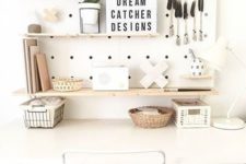 19 white pegboard with light-colored wooden shelves looks modern and refreshing