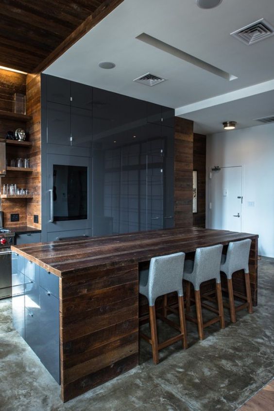 modern kitchen design with dak grey polished panels and dark reclaimed wood tops