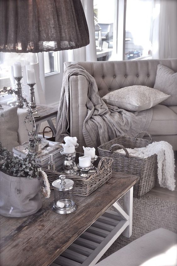 French cottage-style living room in tones of taupe and grey looks refined and chic