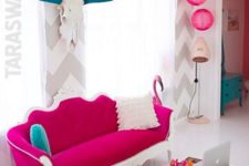 21 this unusual living space is accentuated with a fuchsia sofa