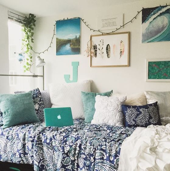 turquoise and aqua touches, feather art, greenery and boho textiles