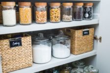 22 baskets, jars and clear containers are great for pantry storage and will prevent dust
