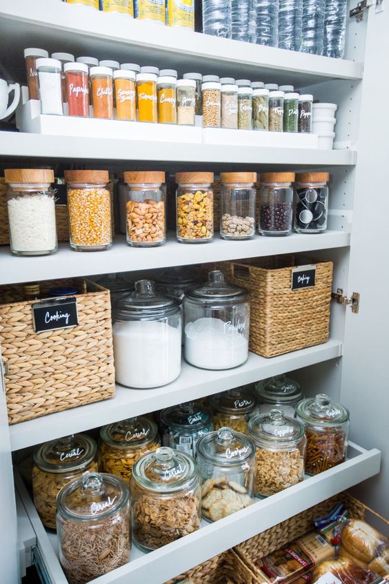 baskets, jars and clear containers are great for pantry storage and will prevent dust