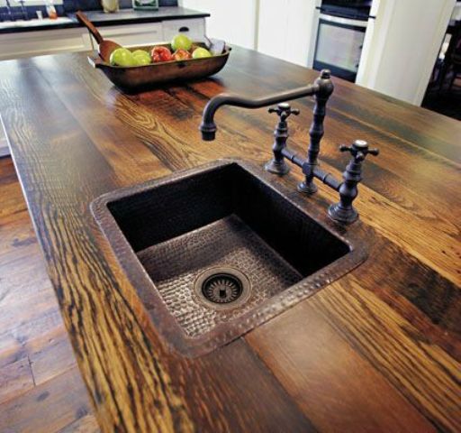 dark stained reclaimed wood kitchen countertop from pallets