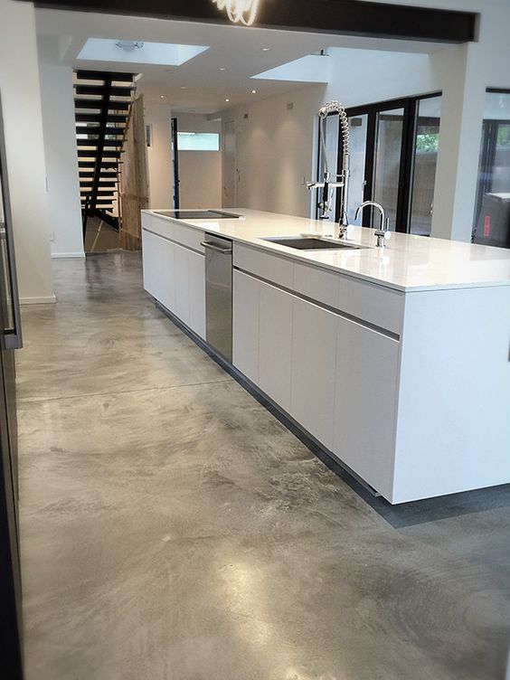 polished concrete is a great idea for high-traffic areas like kitchens