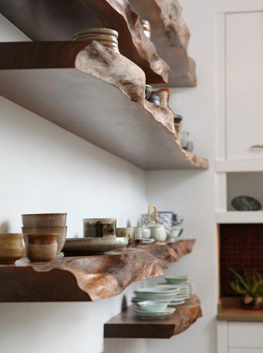 live-edge kitchen shelves will give your space a character