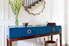 26 mid-century style table in blue lacquer finish with drawers and contrasting legs