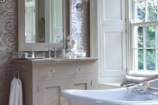27 taupe and silver wallpaper and a taupe washstand look refined