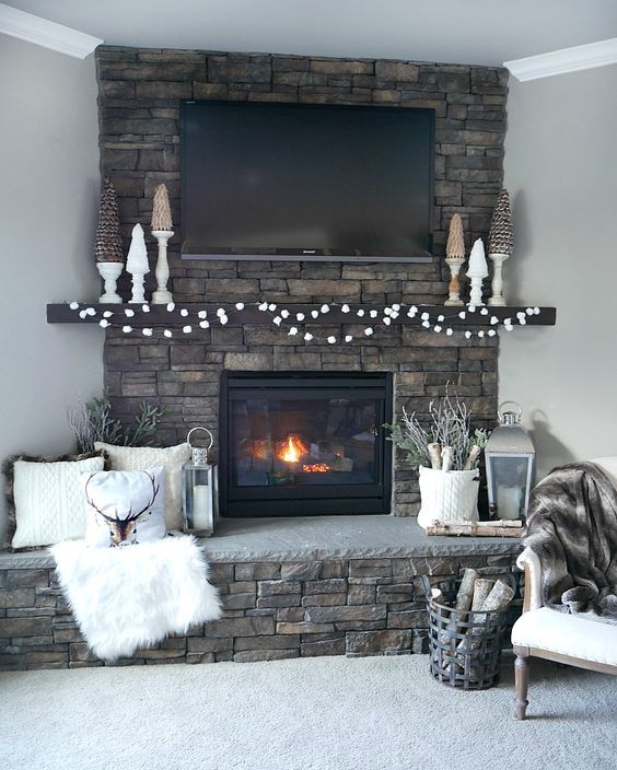 winter mantel with fur garlands, fur pillow covers