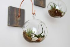 27 wood pieces with copper hangers, glass spheres with air plants