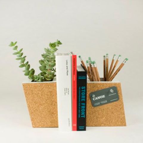 bookends that double as a planter and a mini pin board