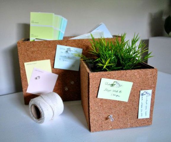 cork planters and paper storage can double as pinboards