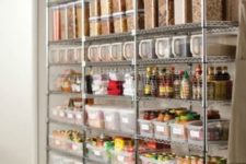 30 plastic air-tight containers and wire baskets on metal shelving units