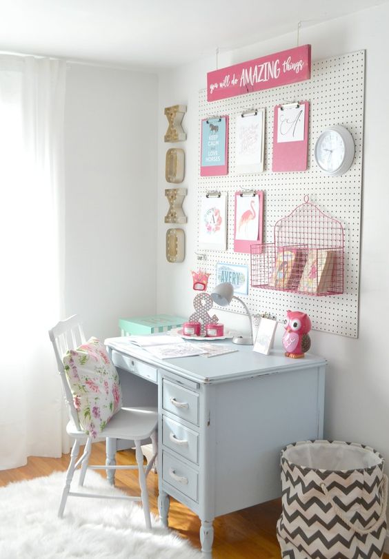 study zone with a pegboard for displays and timetable