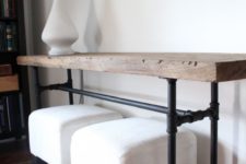 32 black pipe console table with a wooden top