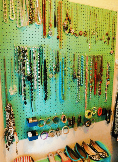colorful pegboard for jewelry storage of all kinds