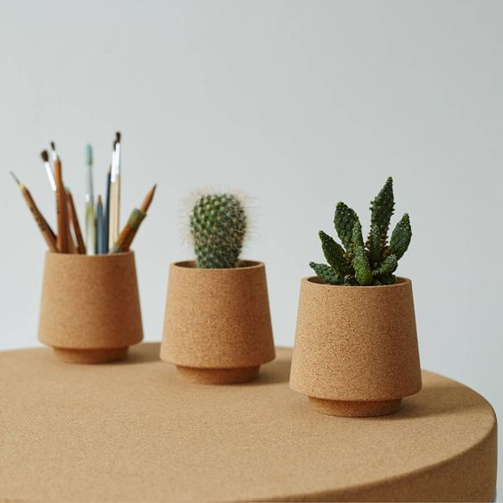 stackable cork vessels, perfect to use as neat little desk tidies or as small plant pots