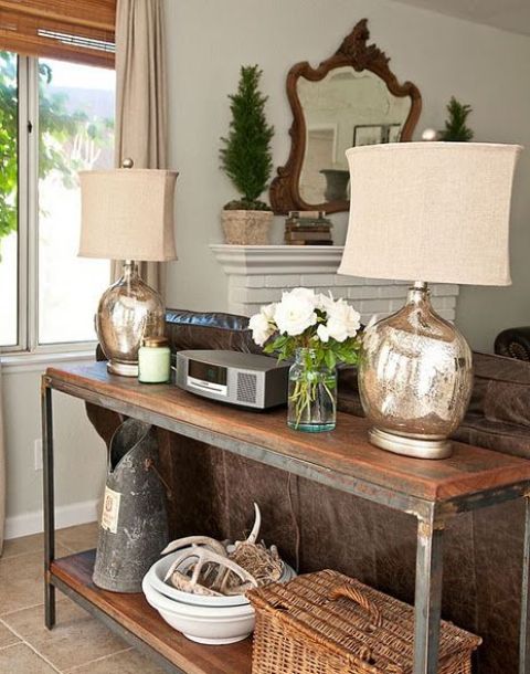 wooden tops and rusty metal frames for an industrial entryway console