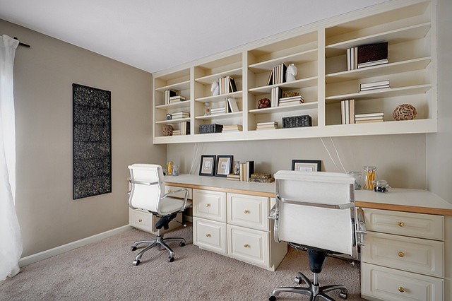 Taupe color scheme would work in a shared home office too. (Lisa Lucas Design)