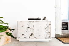 01 Birch Bark cabinets are created using real birch bark, which is durable and cool natural material