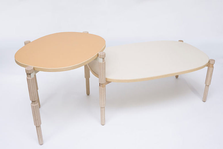 Leg O table combines old turnery techniques with a principle of a modern toy, each of six legs were crafted using an old woodworking tool