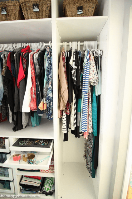 There are hangers for clothes, baskets for storage and drawers for accessories