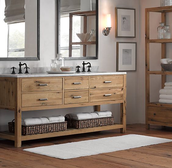 cool bathroom vanity done in a mix of rustic and modern, an open shelf and drawers