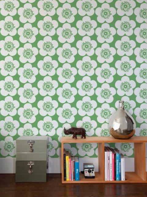 bold green and white floral wallpaper