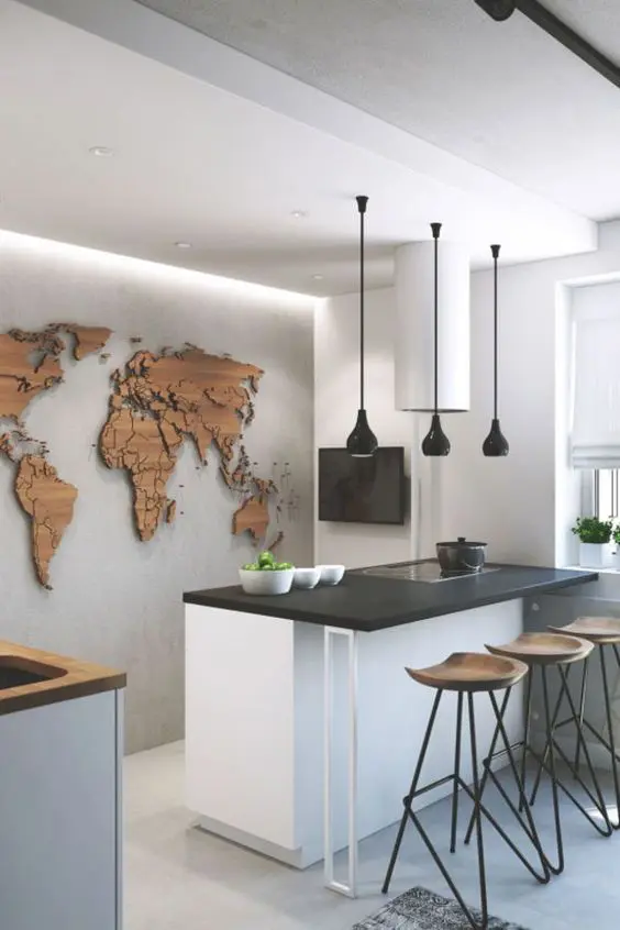 Kitchen wall mural of wood featuring the map of the world.