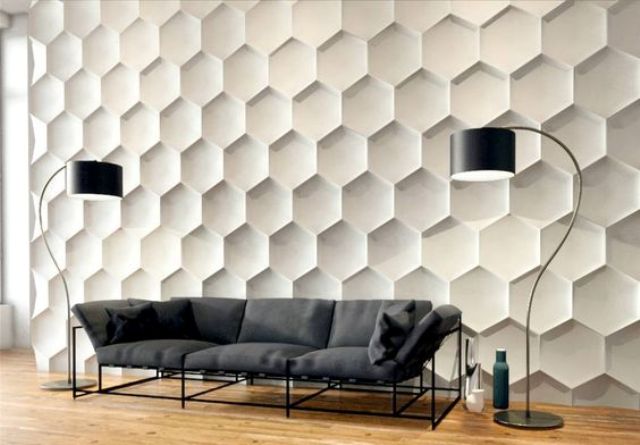 3D wall panels with a honeycomb pattern, which is very trendy today