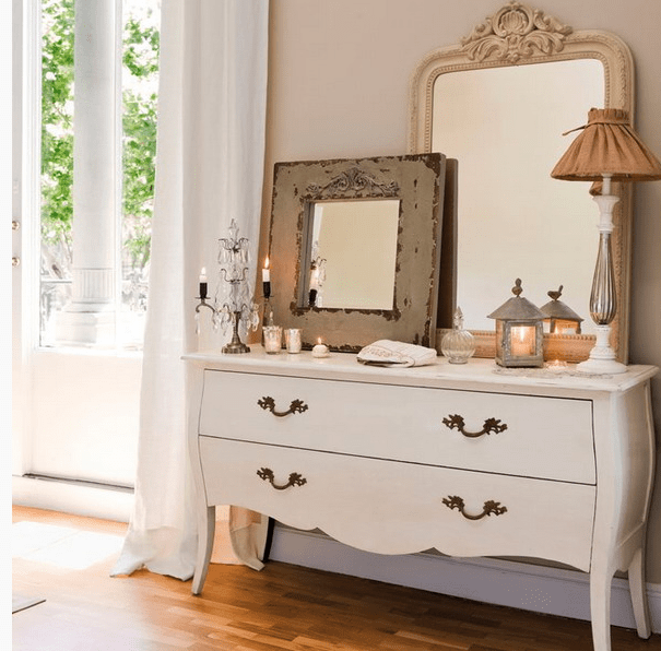elegant white dresser with two drawers and vintage handles