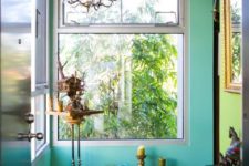 07 turquoise and lime green walls for a whimsy entryway with lots of accessories