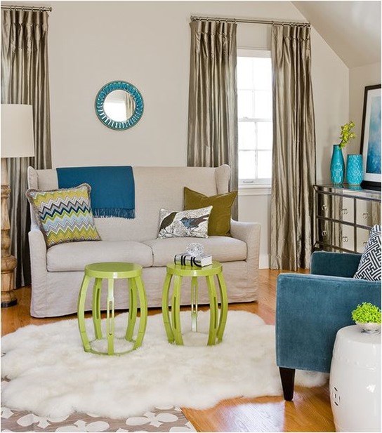lime green and blue accessories make this room more modern and edgy