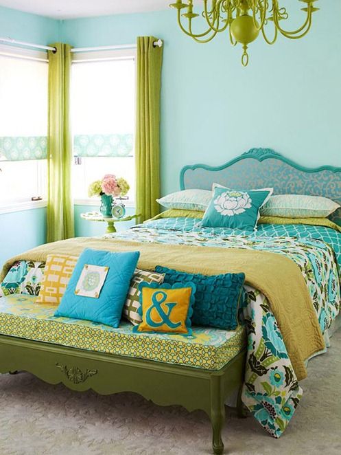 lime greens and turquoise for a bold and cheerful bedroom with whimsy decor