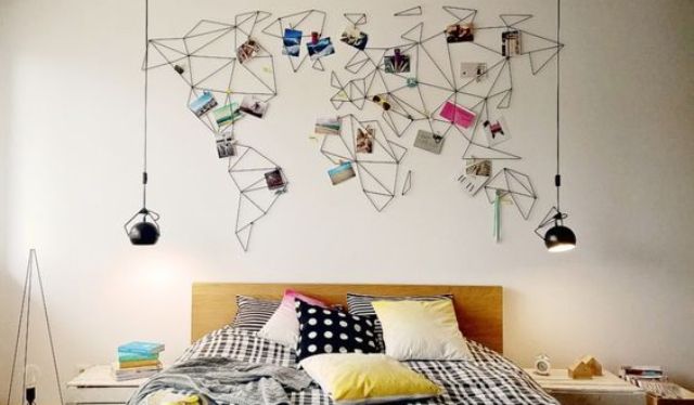 string world map wall art with photos from the trips