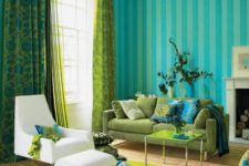 10 lime green, turquoise and blue living room with a crispy white chair