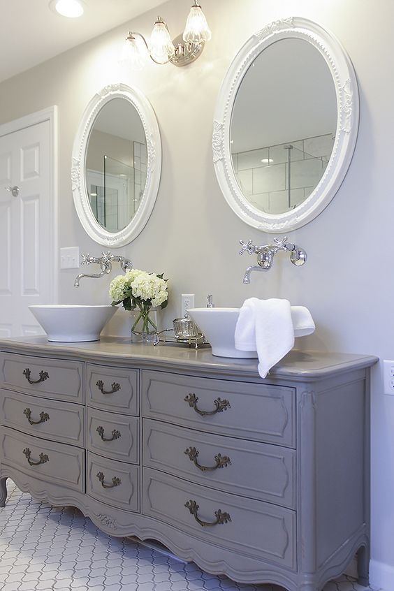 a grey vintage French dresser into a double sink vanity