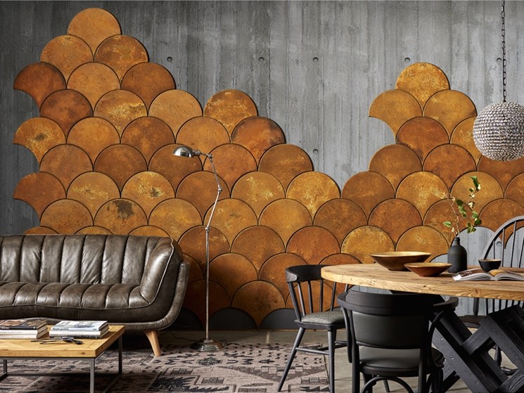 Fish scale ocher colored cork wall tiles can be used for creating your wall art
