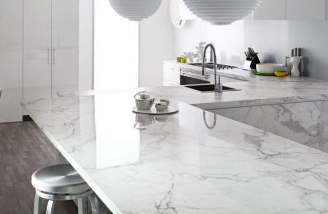 Marble printed quartz has a chic look and will make your kitchen stunning