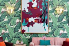 12 mid-century modern living room with bold botanical retro wallpaper