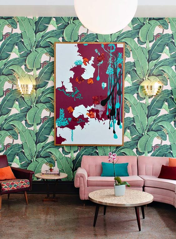 Mid century modern living room with bold botanical retro wallpaper