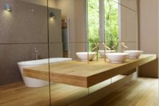 12 minimalist bathroom with light-colored wood and a mirror wall and a thin counter not to spoil the look