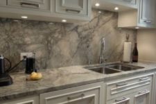 15 white cabinets and grey quartz counters and a backsplash for a stylish statement