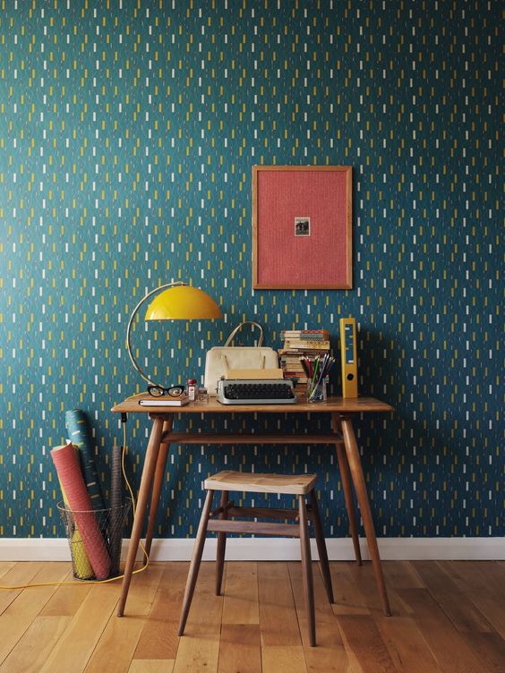 abstract green, yellow and white wallpaper for a home office nook